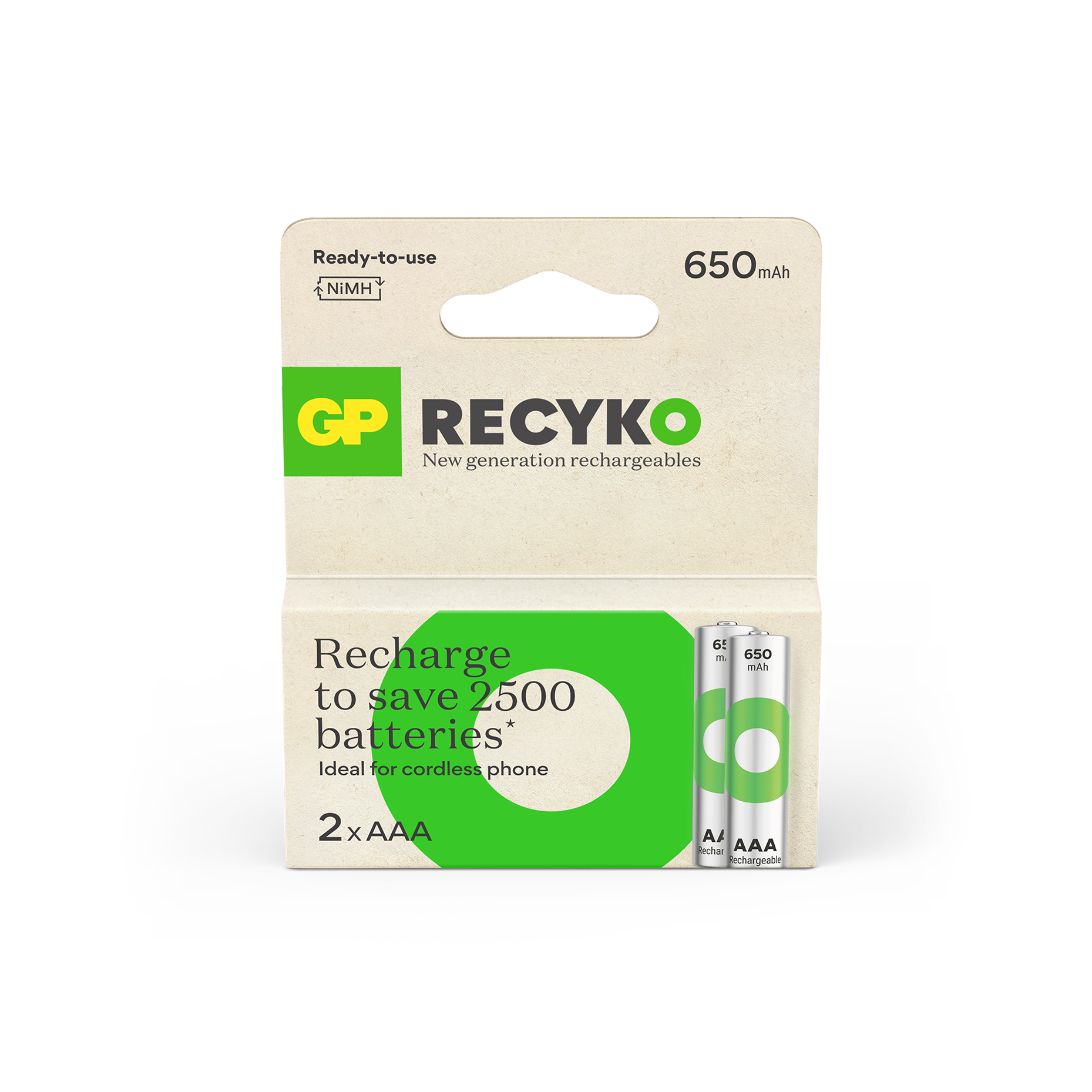 GP Recyko AAA 650 mAh genopladelige batterier 2-pak