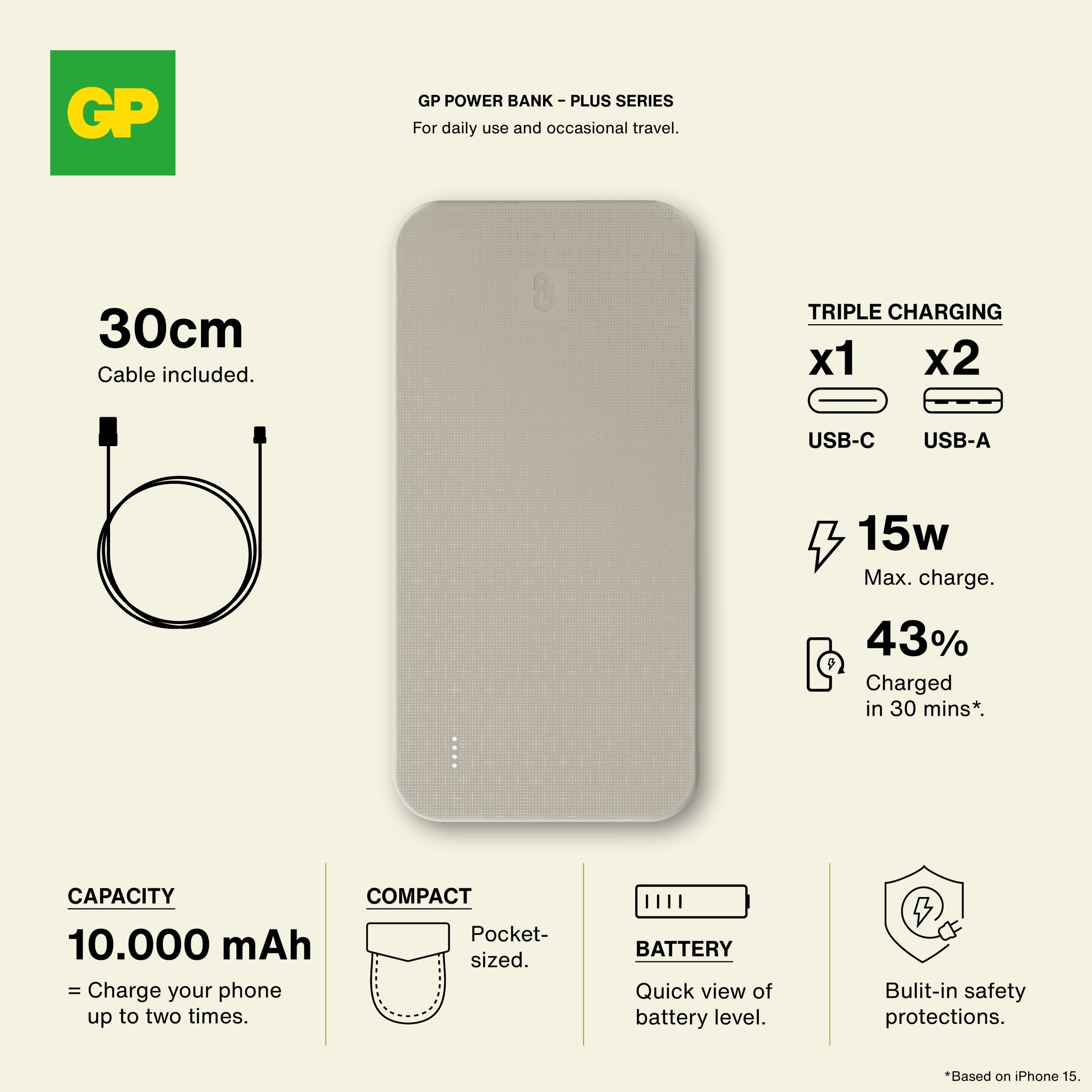 GP Powerbank Plus 10000 mAh – creme - Billede 7