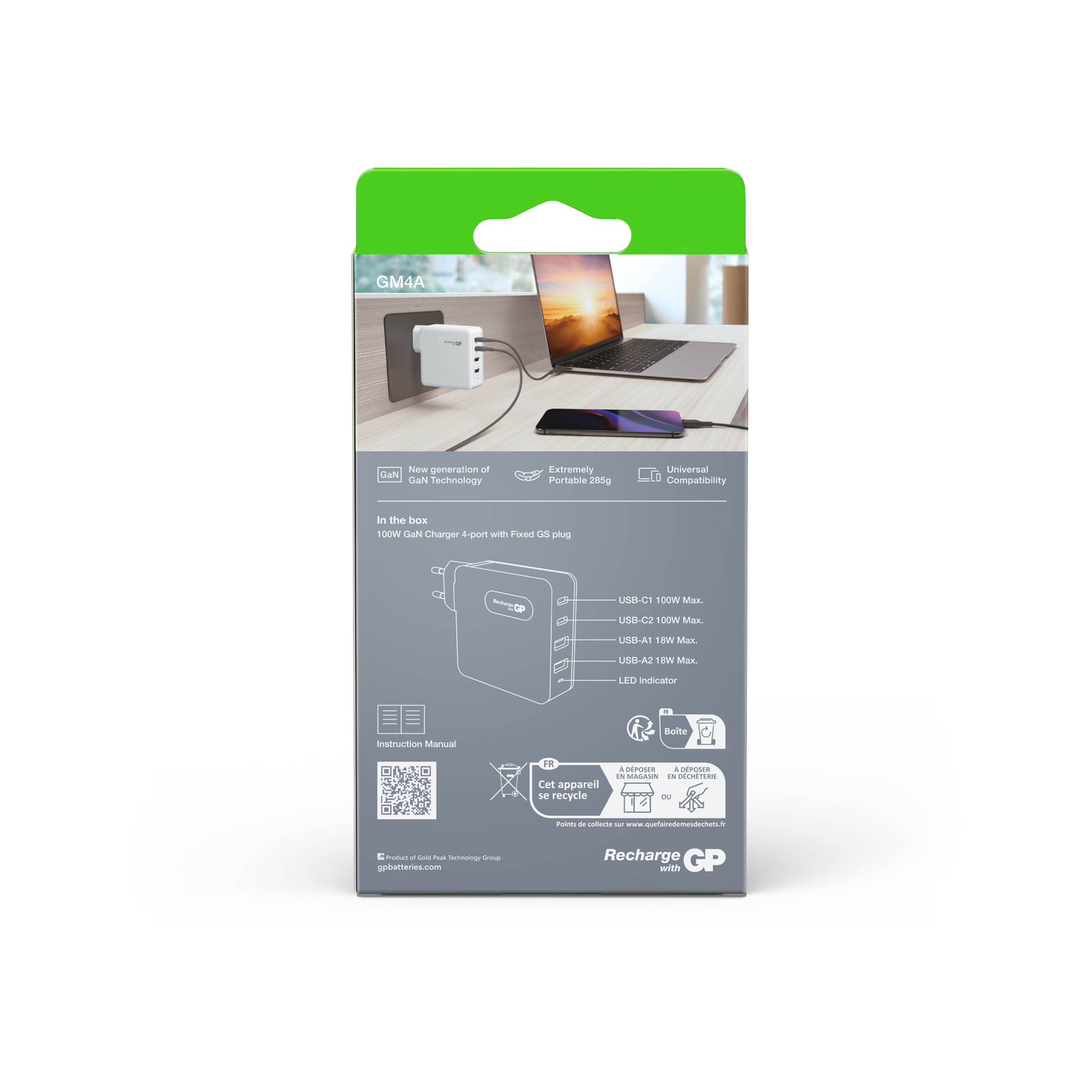 GP GM4A GaN PD 100W vægoplader med 4 porte - Billede 7